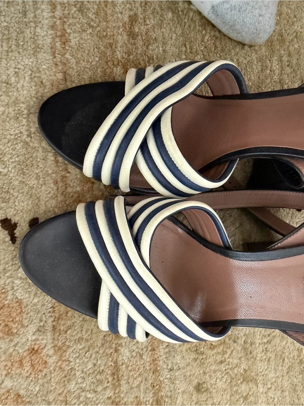 Tabitha Simmons Navy and Cream Striped Crisscross Slingback Heels